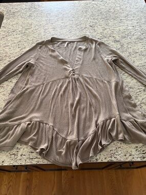 Free People Taupe Ruffle-Hem Waffle Knit Tunic